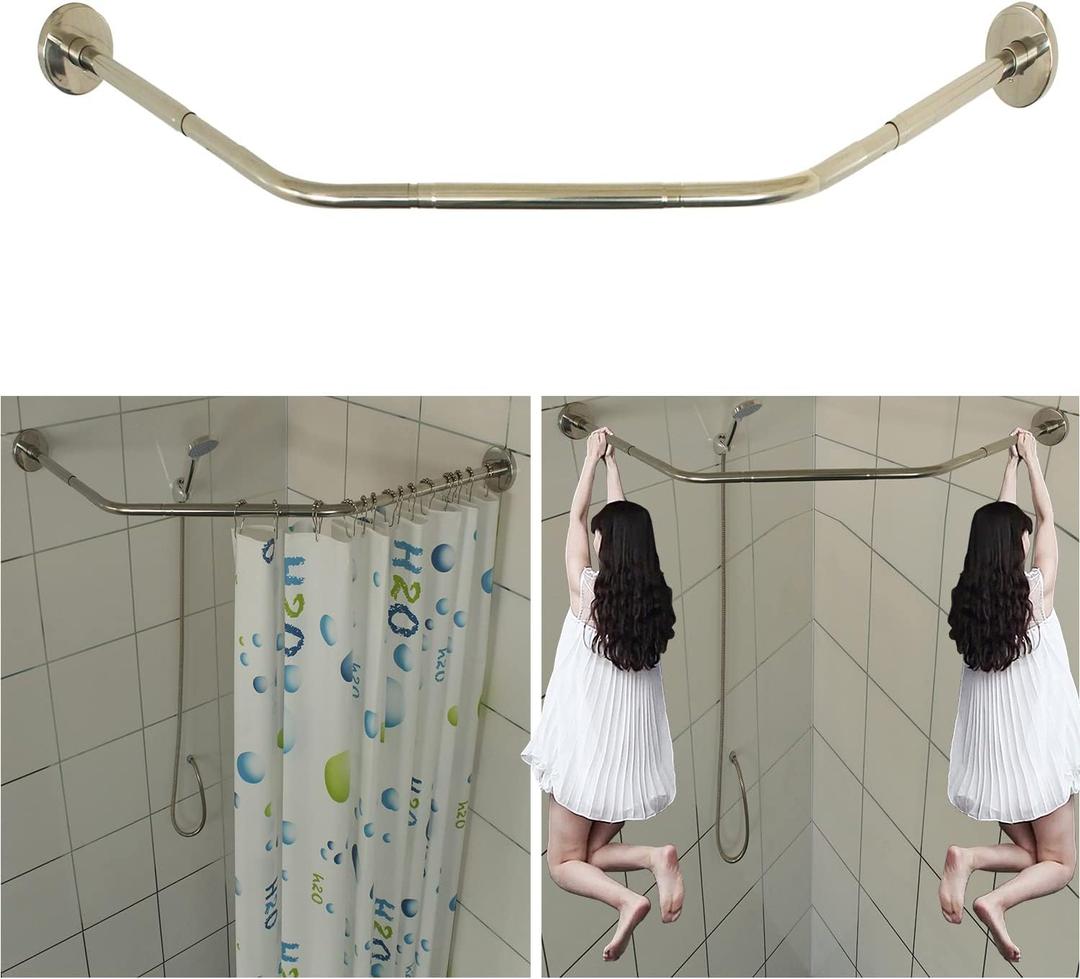 Stretchable 304 Stainless Diamond Shaped Bathroom Bathtub Corner Shower Curtain Rod Rack (Diamond Shaped, Both Sides: 17"-25.6",Middle:20"-26)