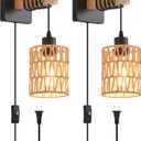 Rustic Wall Sconces Fixtures with Plug in Cord, Set of Two Indoor Vintage Rattan Wall Light Industrial Lamp Fixture Farmhouse Metal Sconces Light for Bedroom Bedside Living Room (2 PACK)