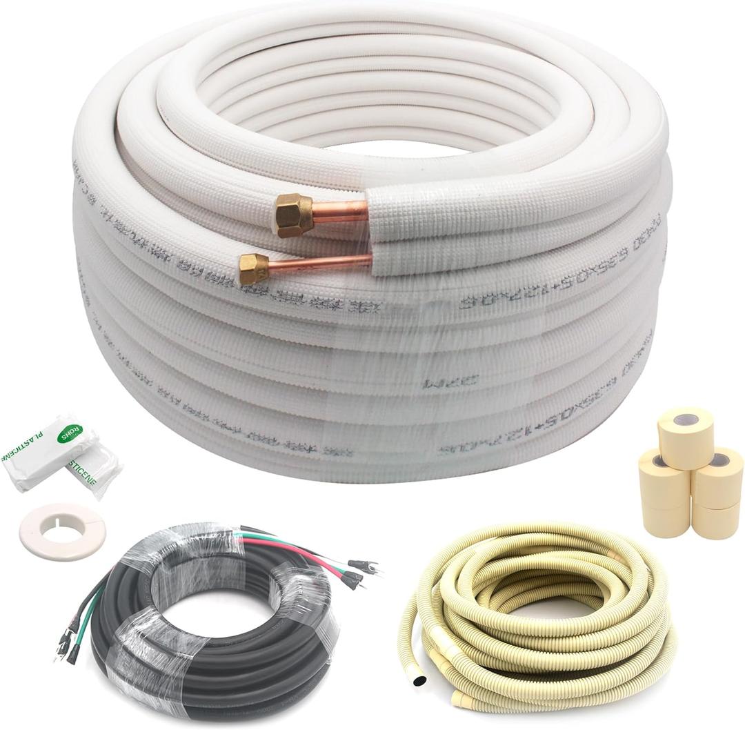 TAUROX 50FT Mini Split Line Set 1/4" & 1/2" O.D Copper Pipes Tubing and 3/8" White Thickened PE Insulation Coil, for Mini Split Air Conditioning or Heating Pump Equipment and HVAC with Flared Nuts.