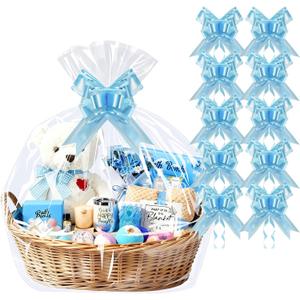 PigPotParty 10 Pack 30x40 Inch Extra Large Cellophane Bags for Gift Baskets with 10 Blue Pull Bows, Thick Clear Plastic Basket Wrap for Mother's Day, Boy's Baby Shower, Wedding and Birthday