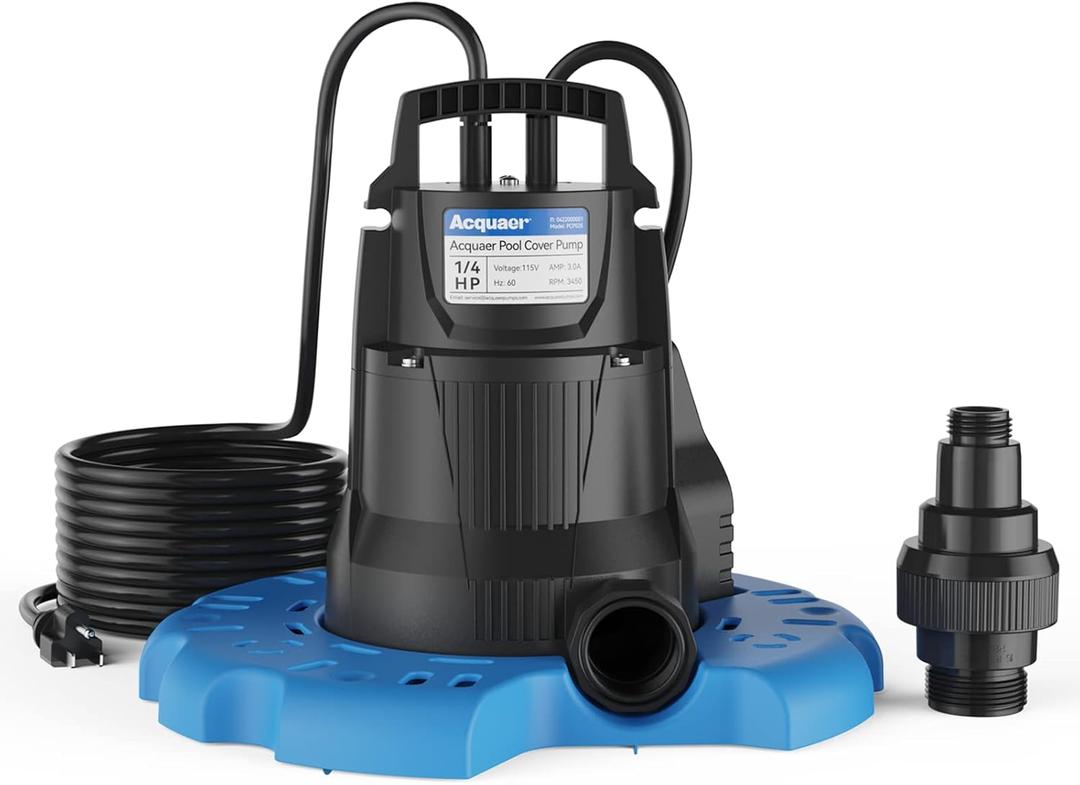 Acquaer Automatic Swimming Pool Cover Pump, Submersible Sump Pump with 3/4 Check Valve Adapter & 25ft Power Cord, Water Removal for Pool, Hot Tubs, Rooftops, Water Beds and More, 1/3 HP 2950 GPH