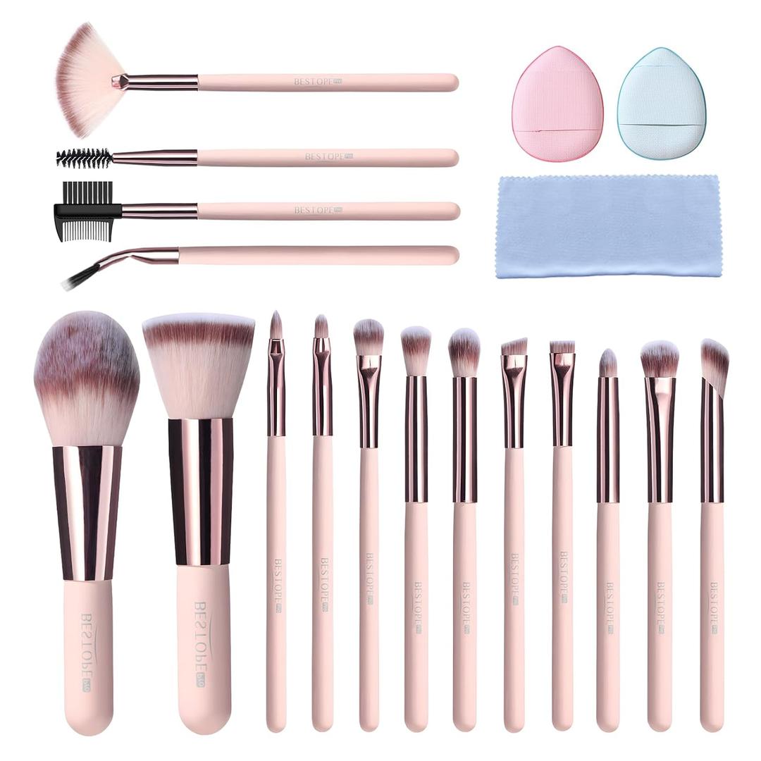 BESTOPE PRO Makeup Brushes, 20PCs Professional Makeup Brush Set, Foundation Concealer Powder Eyeshadow Brush Set Contour Eyebrow Brush Kit with Led Light Mirror Travel Case & Powder Puff-Fluorite Pink