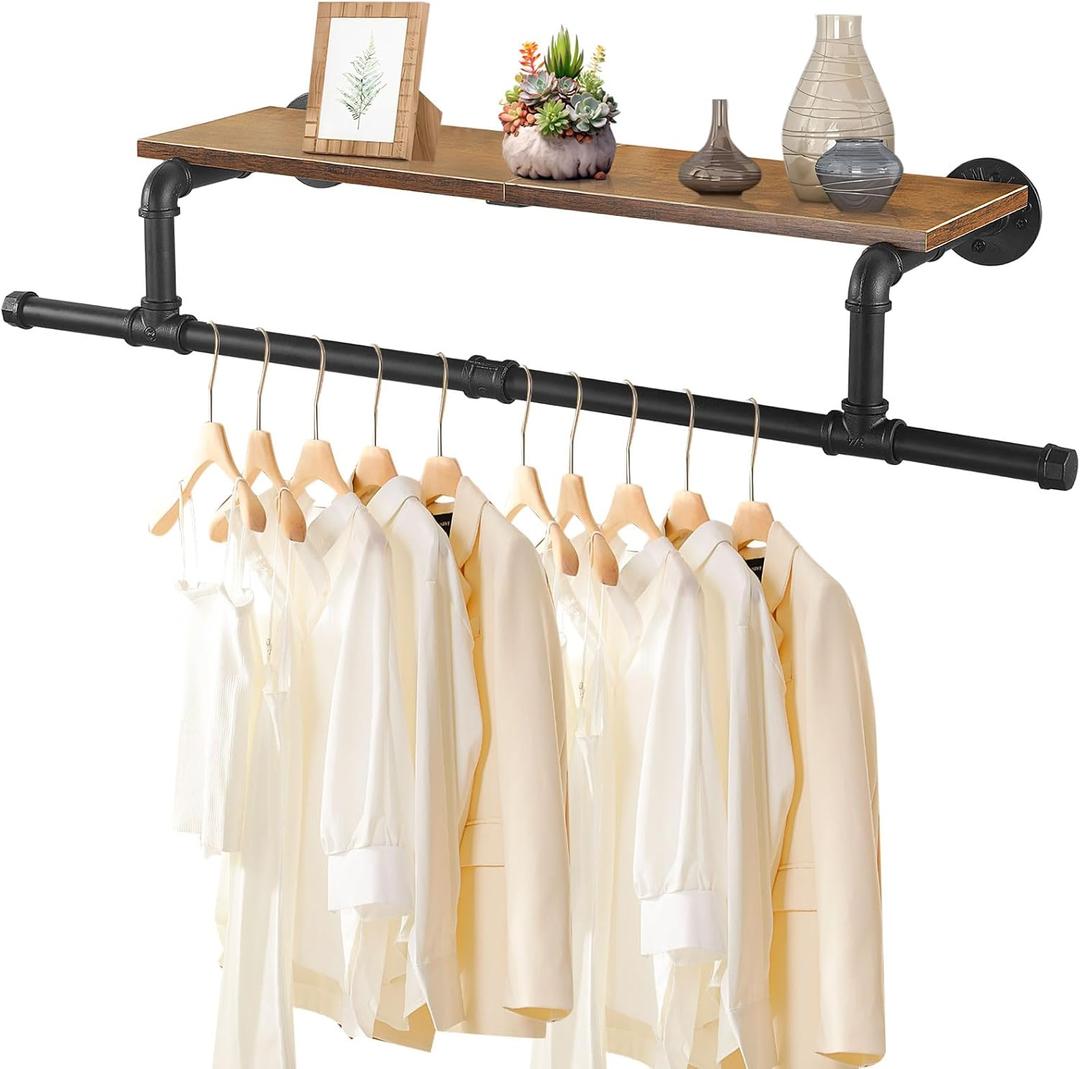 Industrial Pipe Clothing Rack with Top Shelf, Space Saver Display Hanging Clothes Rack, Wall Mounted Iron Clothes Rack, Extension at Both Ends,37.6 * 10.2 * 5.9 In, Black