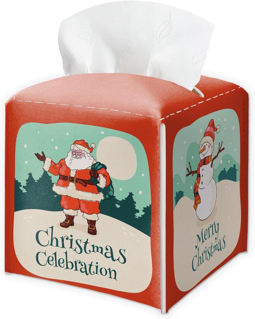 Merry Christmas Tissue Box Cover Square - Santa Claus Waterproof Tissue Holder - Facial Paper Organizer for Home Bathroom Office - Reindeer Xmas Desk Tabletop Supplies Decorative Dispenser Box - A19