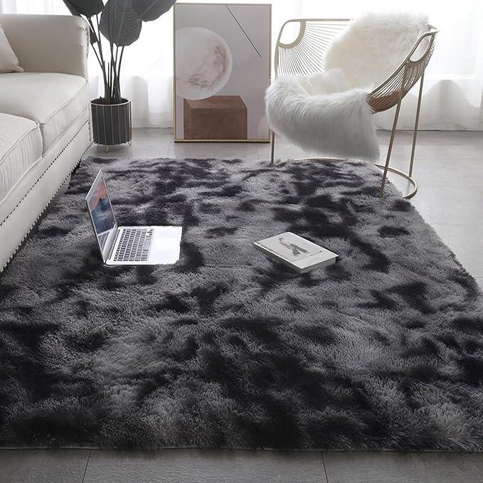 Lifup Area Rug for Living Room, Indoor Shag Fuzzy Carpets, Fluffy Faux Fur Rugs, Non-Slip High Pile Shaggy Carpets, Ultra Soft Plush Rugs for Bedroom Home Decor Tie-Dyed Dark Grey 5x7.5 Feet