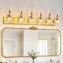 Vintage Bathroom Vanity Light, 6-Light Brass Vanity Lighting Fixture with Flower Glass Shade, Bathroom Lighting Fixtures Over Mirror