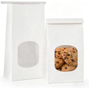 100 Pack Bakery Bags with Window, 3.9x2.3x8 Inches Tin Tie Tab Paper Cookie Bags White Small Gift Bag for Packaging Popcorn, Trail Mix, Treats, Snacks, Baked Goods, Party Favors | Grease Resistant, Resealable