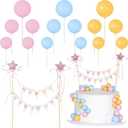 ForraFun 16 Pcs Happy Birthday Cake Topper Cake Bunting Topper Banner with Wood Pole Rainbow Garland with Bow Ribbon Balloon Cupcake Decor for Birthday Baby Shower (Pink,Blue,Yellow)