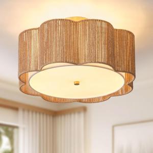 17.7" Rattan Flush Mount Ceiling Light, 3-Light Boho Close to Ceiling Light Fixtures, Rattan Bedroom Ceiling Light, Farmhouse Large Drum Chandelier for Dining Room, Kitchen, Hallway(Yellow)