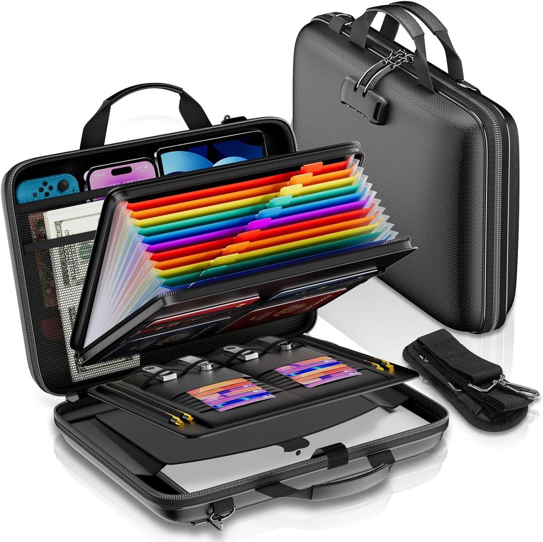 Fireproof Document Organizer with Lock,Hard-Shell Case Fireproof Document Box with Shoulder Strap,Portable File Organizer with 13 Pocket Accordion File Folder for Files Laptop Black (15.5" x 11.5" x 3", EVA)