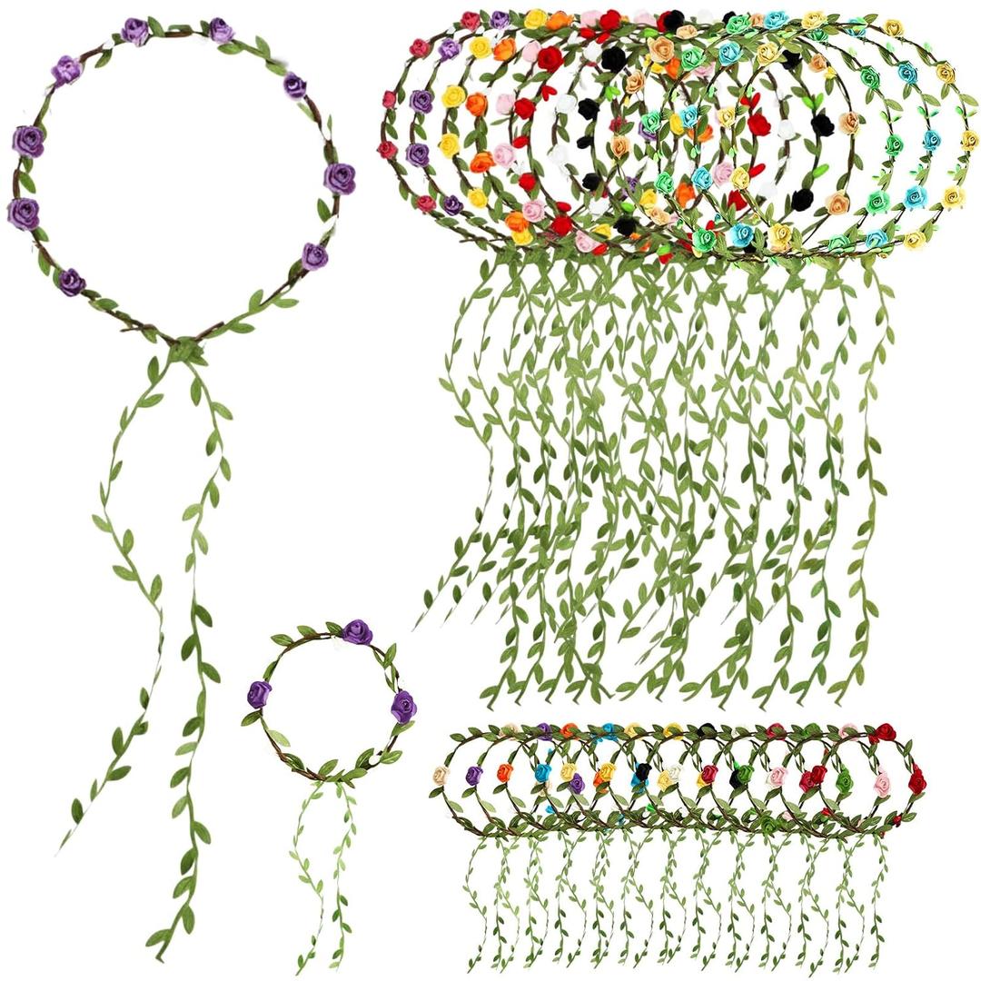 24 Pcs Assorted Colored Flower Crown and Wrist Garlands Set Include 12 Wreath Headband Garlands Floral Headband 12 Floral Wristband for Wedding Festival Vacation Fairy Party Photography Props