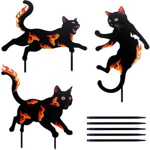 3 Pack Metal Black Cat Statues with Flame Design -Black Cat Decor Yard Signs with Stakes, Rustproof Halloween Yard Decor, Outdoor Garden Stakes for Haunted House, Lawn, and Everyday Decor (3)