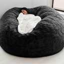 Giant Fur Bean Bag Chair Cover for Kids Adults, (No Filler) Living Room Furniture Big Round Soft Fluffy Faux Fur Beanbag Lazy Sofa Bed Cover (Black, 5FT)