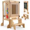 Toddler Tower Foldable Toddler Kitchen Stool Helper with 2 Step Stool, Safety Net, Adjustable Height, Chalk-Whiteboard& Montessori Activity