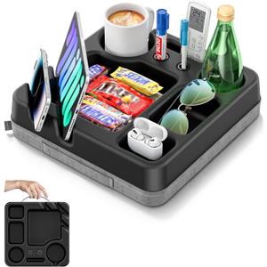 Couch Cup Holder Tray Couch Cup Holder Pillow Bed Tray Snack Sofa Bed Caddy Organizer Beach Sofa Drink Holder Anti-Spill Portable Snack Caddy Couch Remote Holder for Phone Pad Kindle Beverage Black