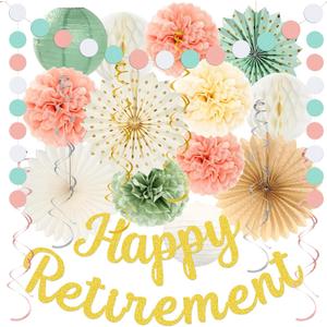 Retirement Party Decorations for Women --Sage Green Peach Pink Happy Retirement Banner Backdrop, Hanging Swirls Pompoms Kit Office Retired Party Supplies for Coworker