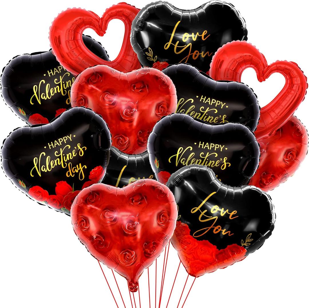 KatchOn, Happy Valentines Day Balloons - 18 Inch, Pack of 12 | Black and Red Heart Balloons, Valentines Day Decorations | Love You Balloons, Heart Shaped Balloons, Romantic Decorations Special Night