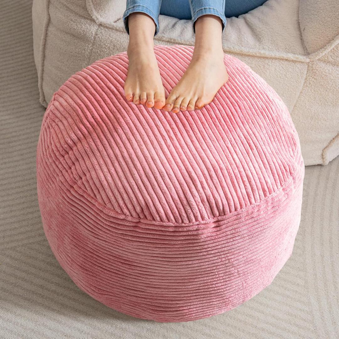 HIGOGOGO Round Stuffed Pouf Ottoman, Corduroy Poufs with Foam Chunk Filling, Furry and Fluffy Pouf Foot Stool Storage Ottoman, 20 X 15 Floor Poufs Foot Rest for Living Room, Pink (20 inch)