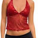 Women Sexy Sparkly Sequin Halter Backless Camisole Y2k Shiny Vneck Spaghetti Strap Tie Up Crop Tank Top Rave Clubwear No Size