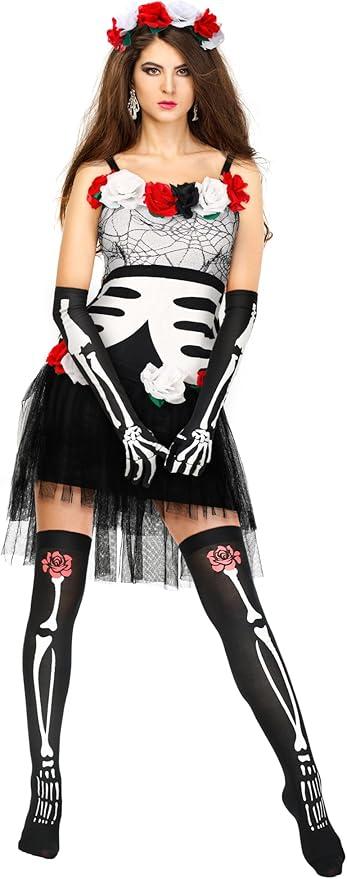 Geyoga Halloween Skeleton Costume Includes Skeleton Costume Dress Bones Gloves Stockings for Women, XS
