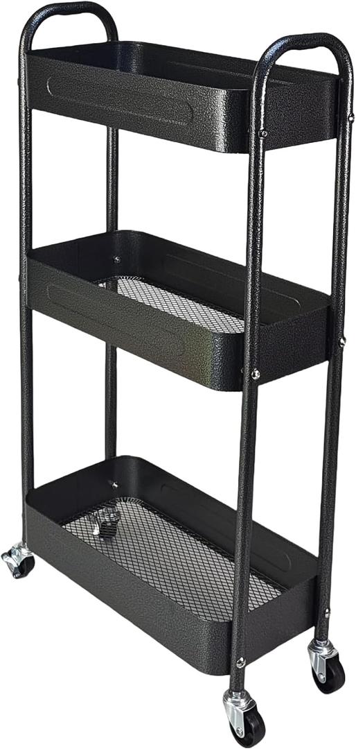 3 Tier Slim Metal Rolling Storage Cart for Laundry Room & Kitchen Organizer, 7.1'' Thin Standing Shelf for Narrow Spaces, Utility Cart with Wheels & Lockable Casters for Bathroom, Black