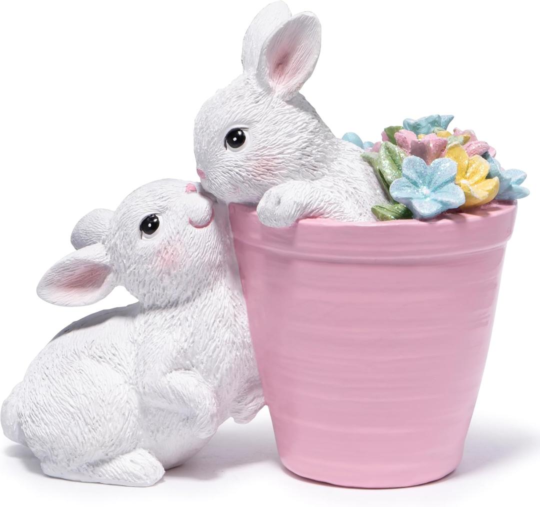 Hodao Set of 2 Easter Bunny Figurines Decor - Adorable Easter Rabbit Sculptures with Floral Accents, Spring Tabletop Decorations, 6 Inches Tall (White)