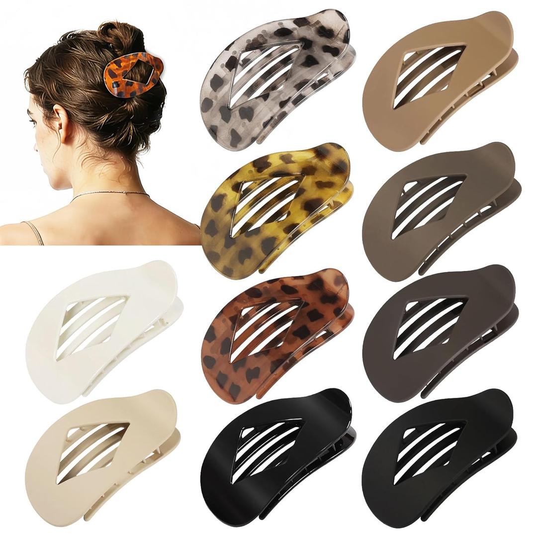 10 PCS Flat Hair Clips for Women - Large Matte & Tortoise Hair Claw Clips, 4.2 Inch Strong Hold Non-Slip Jaw Clips for Thick/Thin Hair, Neutral Leopard Hair Accessories for Daily Styling(Leopard)