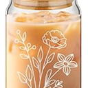 Didaey 2 Set Floral Glass Cups with Bamboo Lids and Straws 16 oz Can Shaped Glass Coffee Cute Flower Drinking Cups for Iced Coffee Beer Soda Cocktail International Women Day Gifts(Classic Style)