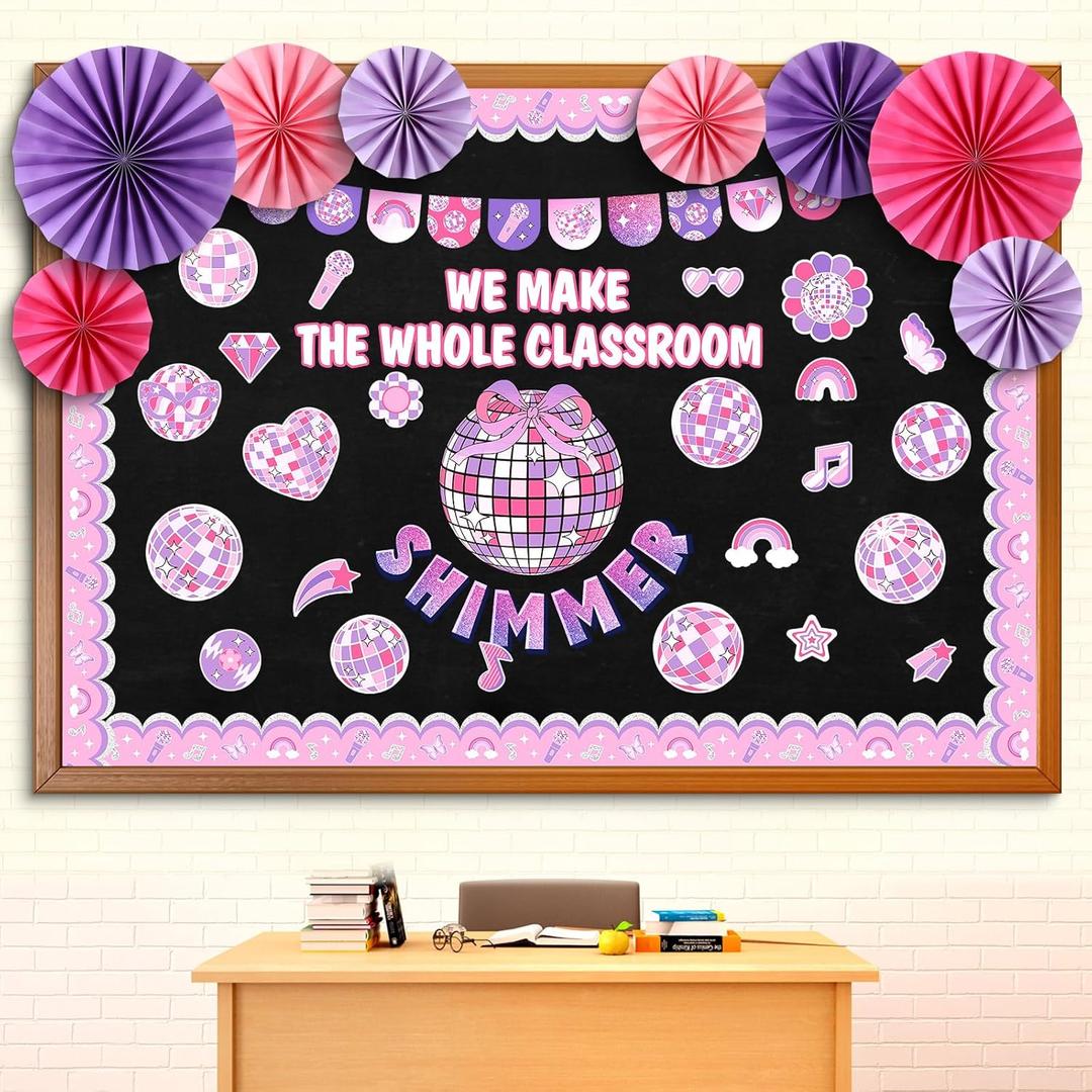 2 x Eersida 88 Pcs Pink Disco Bulletin Board Decorations with Paper Fans Back to School Classroom Bulletin Board Set Musical Note Record Bow Cutouts for Holiday School Wall Door Decor (Pink Disco)