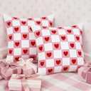 DN DECONATION White and Pink Checked Pillow Covers 18x18, Set of 2 Spring Decorative Throw Pillow Covers with Red Heart, Soft Plush Pillowcase for Couch Bed Sofa Living Room Home Decor Indoor