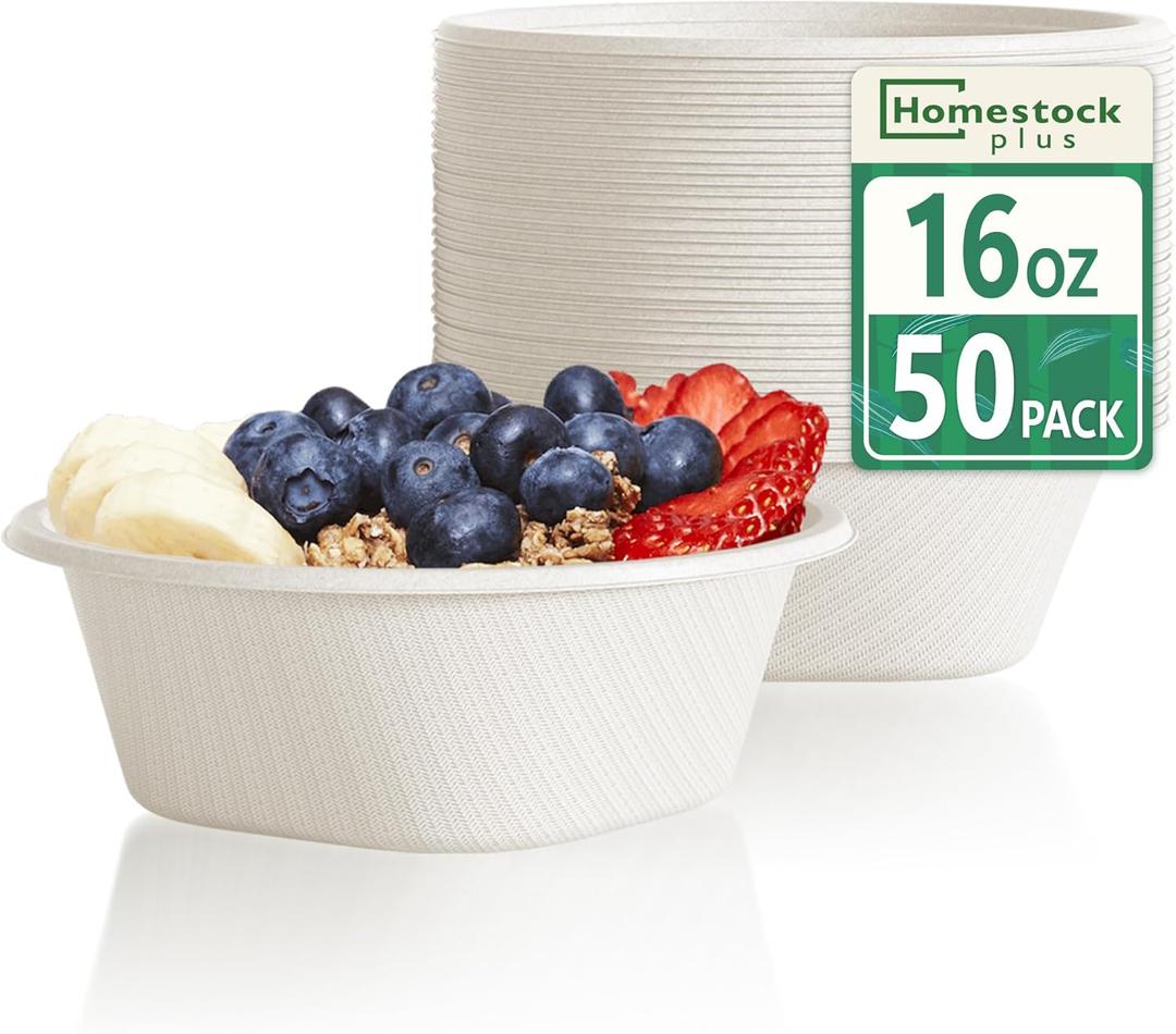 Homestockplus Disposable Bowls 16 Oz [50 Pack] - Heavy Duty Paper Bowls, Sugarcane Fiber Compostable Bowls for Ice Cream, Snacks, Desserts, Microwave Safe BPA-Free Eco Dinnerware (White)
