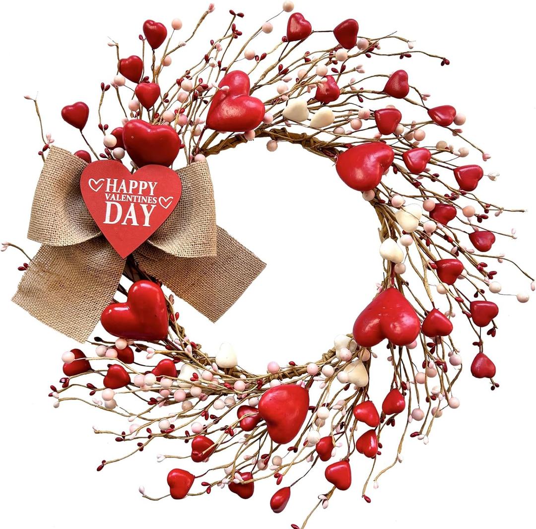 TEMPUS 18" Artificial Valentine's Day Wreath, Pink and Red Heart Berry Wreath for Front Door Wall Party Wedding Decorations, for Girl Friends for Valentine's Day
