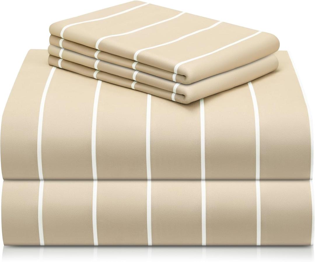 LuxClub 4 PC Queen Size Sheet Set, Breathable Luxury Bed Sheets, Deep Pockets 18" Wrinkle Free Cooling Machine Washable Hotel Bedding (Striped Cream)