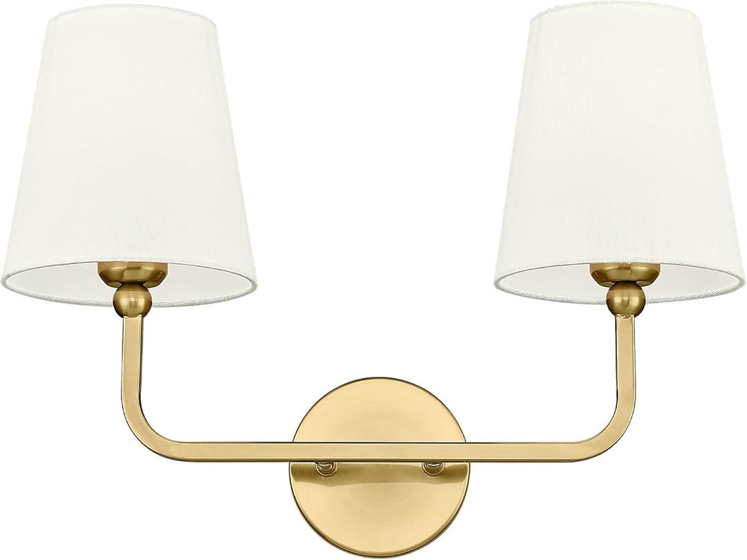 2 Light Bathroom Light Fixtures, Brushed Gold Vanity Lights, Double Wall Sconce with Beige Fabric Shade, Modern Sconces Wall Lighting for Hallway Bedroom Stairway, VL837-BG-B-2