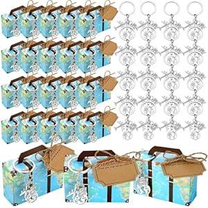 36 Set World Map Mini Suitcase Party Favor Box with Earth Airplane Keychains Mini Suitcase Favors Candy Box with Travel Ticket for Travel Themed Party Wedding Bridal Shower Decorations