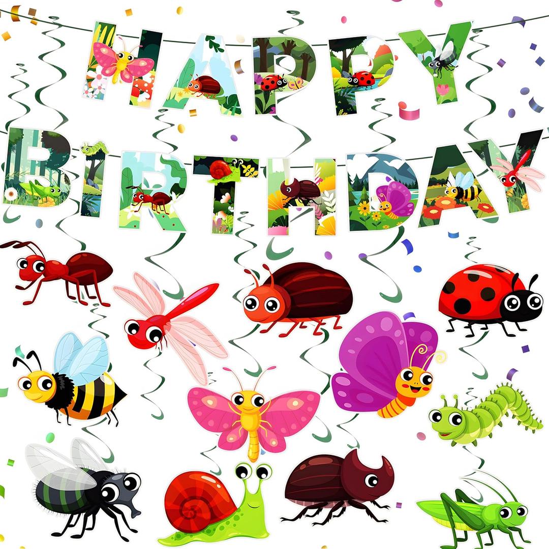 25PCS Happy Birthday Banner - Bugs Hanging Swirls Insect Decoration for Kids Summer Bugs Insect Bee Butterfly Theme Party Supplies Decor
