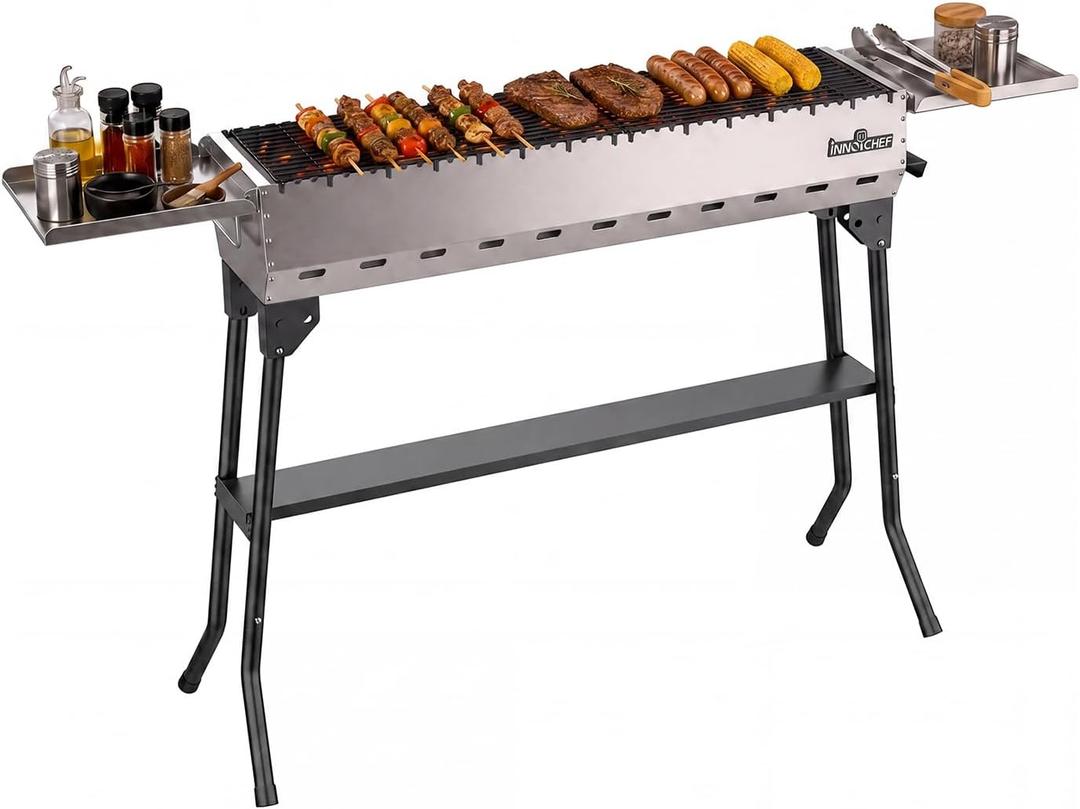 Charcoal Grill, Foldable Portable Camping Charcoal Grill, Stainless Steel BBQ Grill with Ceramic Grate, 2-in-1 Side Tables & Pull-Out Ash Pan Outdoor & Backyard Grill for Patio Cooking