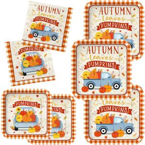 Fall Theme Party Supplies Kit, Serves 50: Complete Autumn Harvest Disposable Dinnerware Set - Includes Paper Dinner & Dessert Plates, Napkins,Thanksgiving/Autumn Party Decorations.