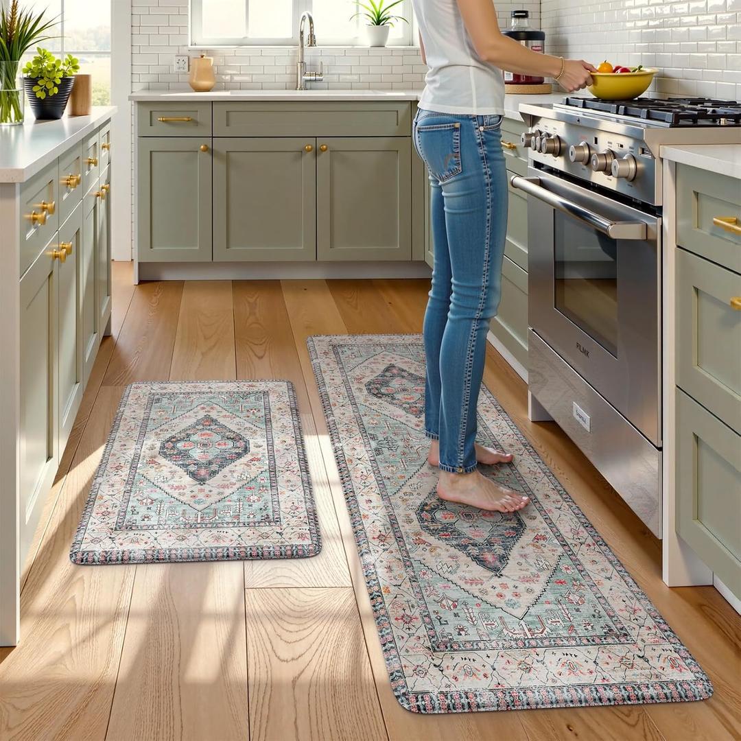 KIMODE Anti Fatigue Kitchen Mats, Boho Distressed Kitchen Rugs 20"x59"+20"x32", Non Slip Waterproof Kitchen Floor Mats, Comfort Foam Mats for Kitchen Floor Sink Laundry Office Desk Blue