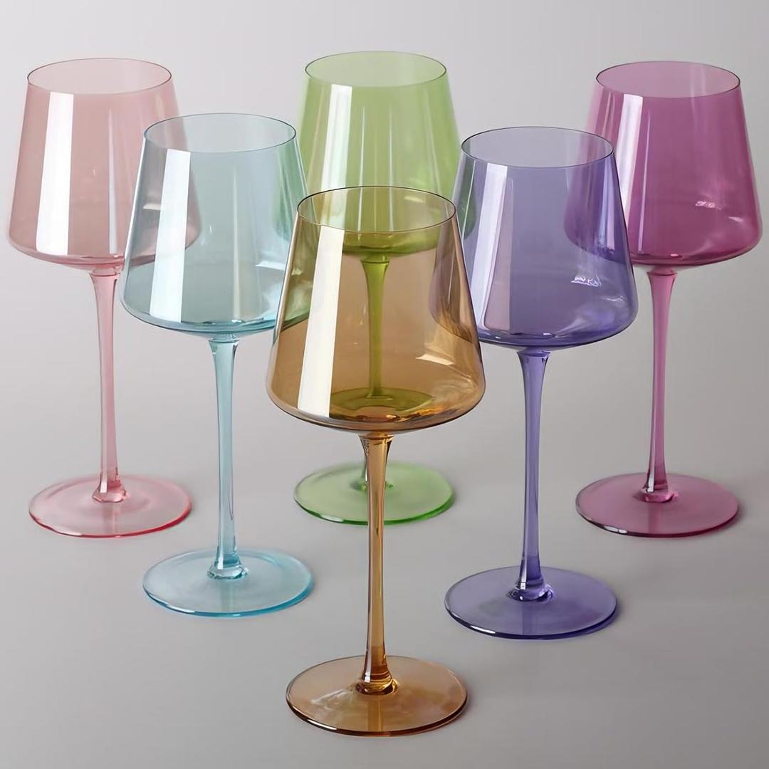 Physkoa Colored Glasses Set 6-16oz Colorful Glass With Tall Long Stem&Flat Bottom,Colored Stemmed Goblet,Christmas Gifts for Women Mom Wife Friend (Multicolor)