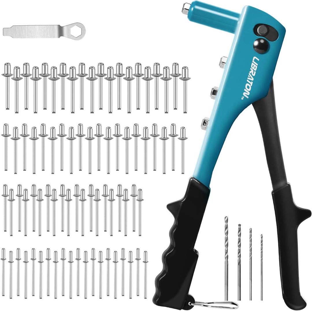 Rivet Gun, Rivet Gun Kit, Pop Rivet Gun, 80PCs Metal Rivets and 4 Drill Bits, Heavy Duty Hand Riveter, Rivet Gun Tool for Metal, Automotive, Blind Rivets 3/32" 1/8" 5/32" 3/16"