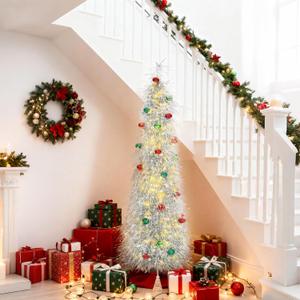 BrilliantJo Christmas Tree 5ft Artificial with Light and Balls Ornaments Hairy Pop Up Pencil Tinsel Collapsible Stand for Xmas Holiday Party Decorations, Home Office Display Decor, Silver