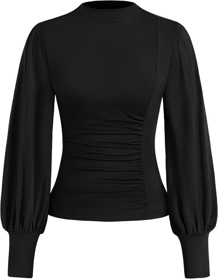 KIRUNDO Blouses for Women Dressy Casual 2026 Fall Ruched Puff Long Sleeve Shirts Mock Neck Underscrub Fitted Trendy Tops, XXL