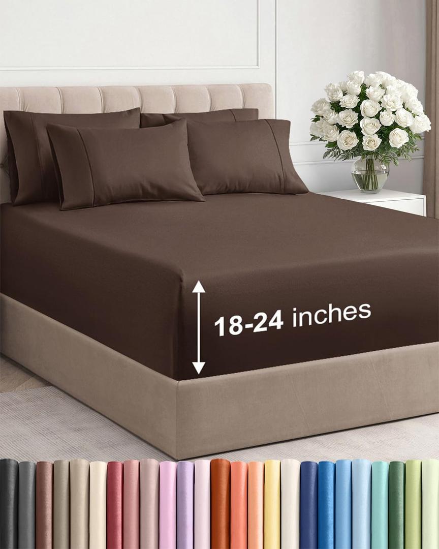 Extra Deep Cal King Sheet Set - 6 Piece Breathable and Cooling Sheets - Hotel Luxury Bedding for Women, Men, Kids & Teens - Easy Secure Fit - Soft, Wrinkle Free and Comfy - Extra Deep Pockets - Brown