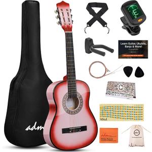 ADM Beginner Acoustic Classical Guitar 34 Inch Nylon Strings Wooden Guitar Bundle Kit for Kid Boy Girl Student Youth Guitarra Online Lessons with Gig Bag, Strap, Tuner, Strings, Picks, Pink