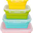 Set of 4, Collapsible Silicone Food Storage Container, Leftover Meal Box for Kitchen, Lunch Boxes with Clip-on Lid, Stackable, Space Saving, Dishwasher Safe, BPA Free