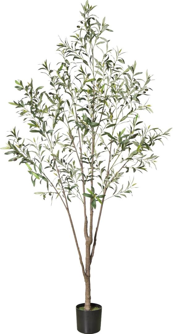 Olive Trees Artificial Indoor, 7FT Tall Faux Olive Tree, Fake Potted Olive Tree, Artificial Plants with Natural Wood Trunk and Lifelike Fruits for Home Room Office Decor and Housewarming Gift (7in)