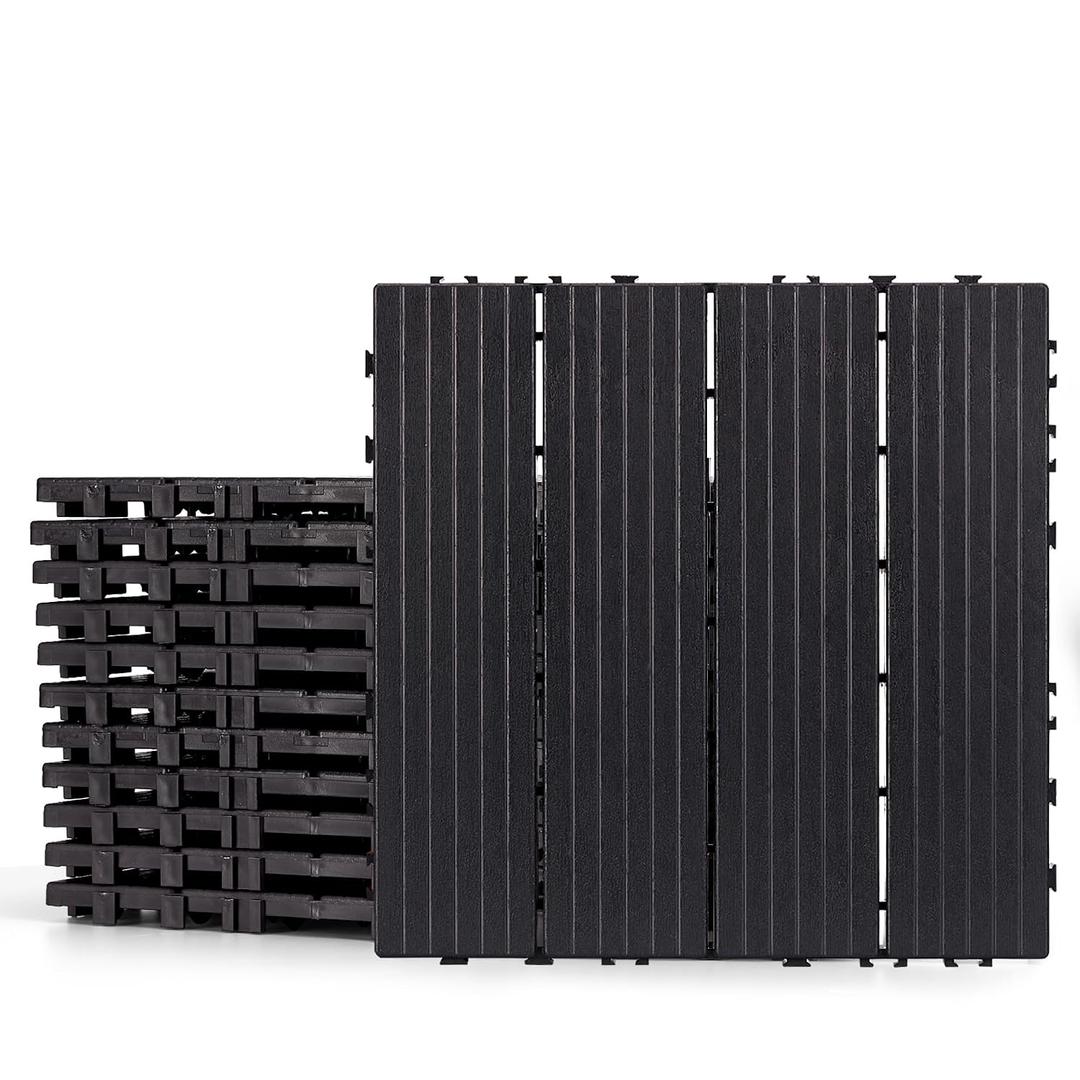 Plastic Interlocking Deck Tiles, 12pcs, 12"x12" Each, Dark Grey