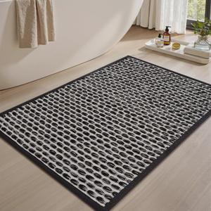 AMOAMI Unique Woven Bath Mat, Super Absorbent Non Slip Bath Mats for Bathroom Floor Textured Bathroom Mat Quick Dry Washable Bath Rug Boho Thin Rugs for Bathroom Beside Tub, 20" x 32", Black