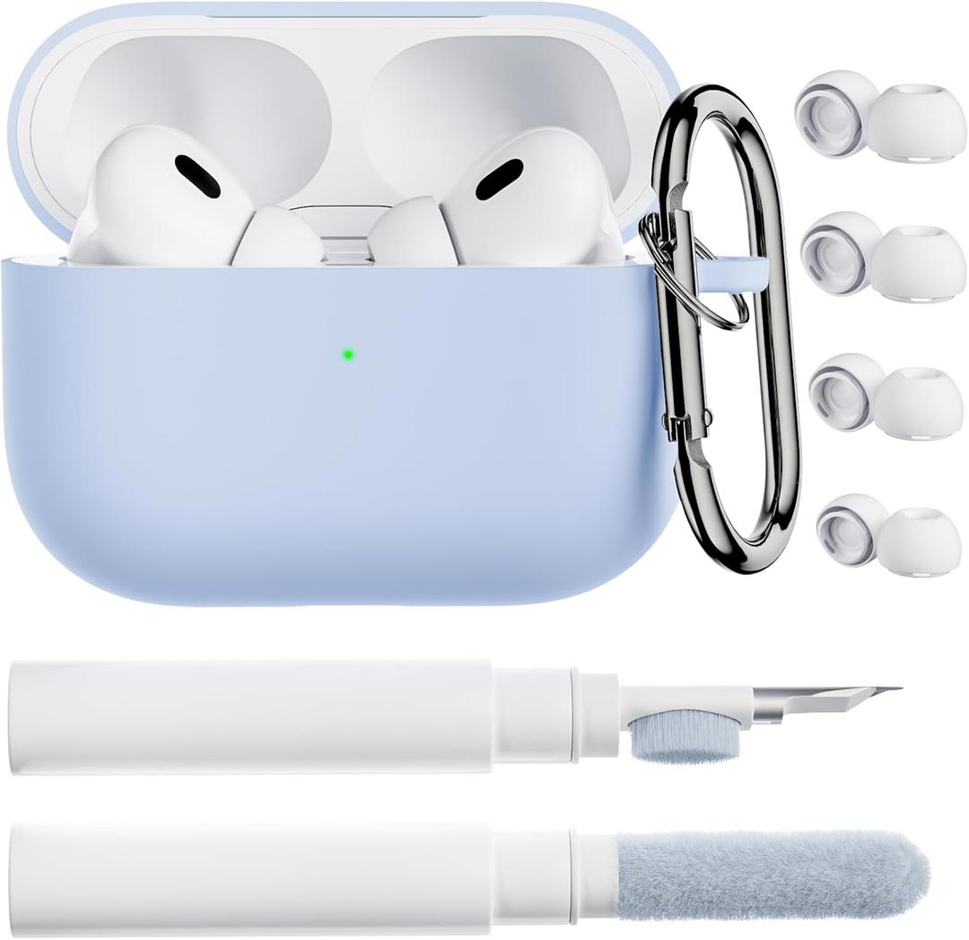 ORNARTO for AirPods Pro 2 Case, Compatible with AirPods Pro 1st/2nd Generation, Soft Silicone Cover with Cleaner Kit, Eartips Protector & Keychain-Baby Blue